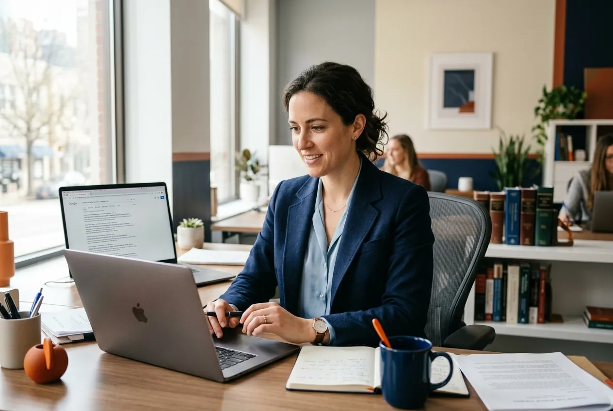 Attorney working on a laptop at a modern law office desk