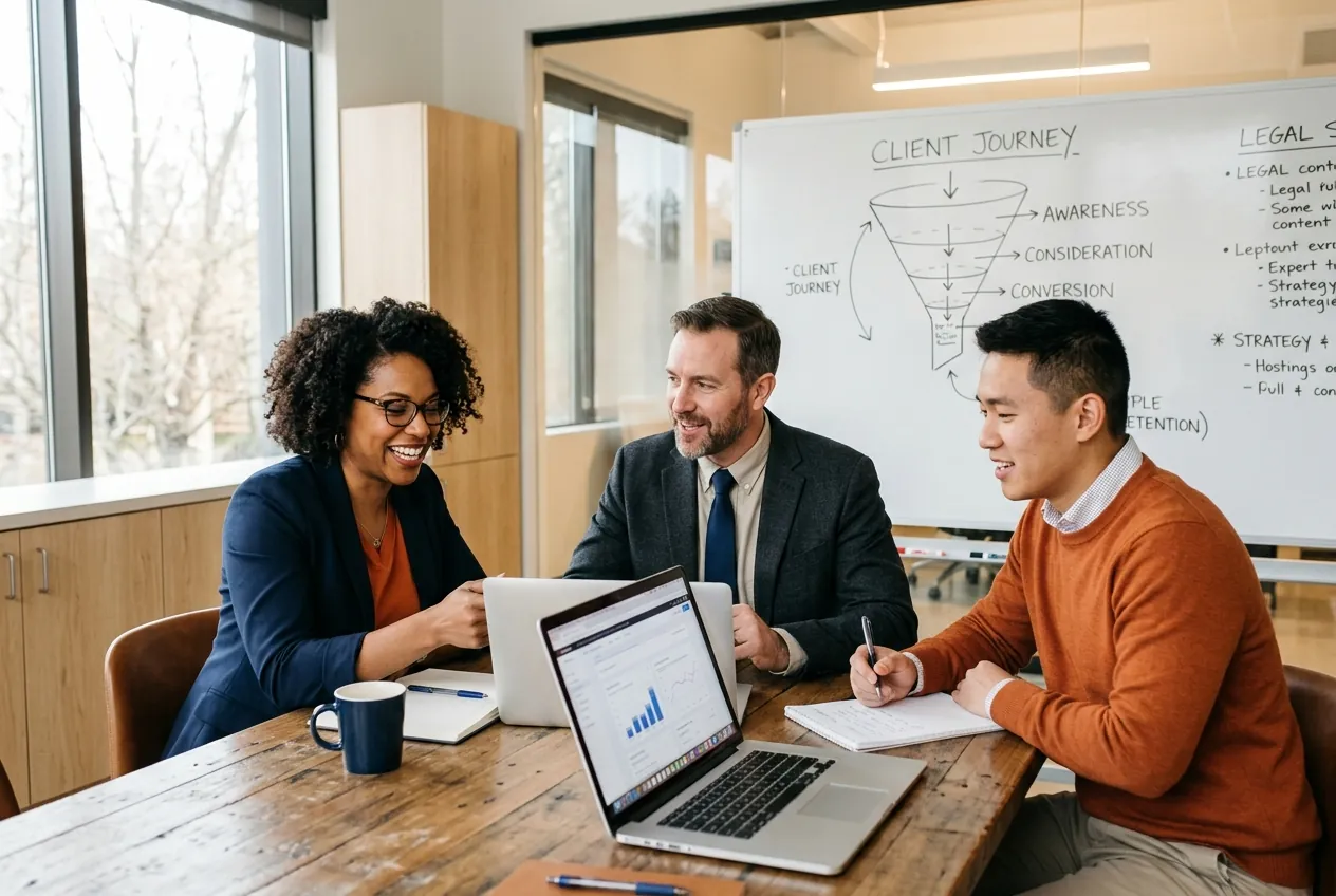 Law firm team planning a marketing strategy around a laptop